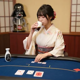 single woman in a japanese kimono drinking sake, sitting at an extremely detailed poker table with the detailed darth vader, sake on the table, fireworks and stars on the background, canvas, acrylic paint, by roy liechtestein, by hayao miyazaki, isometric, pop art, 4 k, ultra - hd