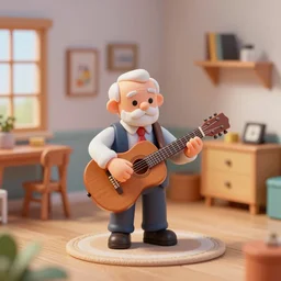 3 d toy old man playing guitar in his apartment in toy world, surreal, vibrant colors, masterpiece, deep depth field, featured on pixiv, trending on pinterest