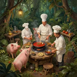 pigs that are chefs cooking chili in a primitive kitchen, view from above, mysterious jungle painting, elegant intricate digital painting artstation concept art by mark brooks and brad kunkle detailed