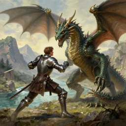 young knight fights dragon, mountain river, highly detailed, digital painting, cgsociety , concept art, sharp focus, illustration, art by artgerm and greg rutkowski and alphonse mucha