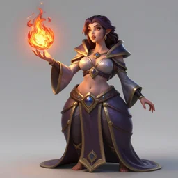 The sorceress, wearing a robe, casts a fire ball. League of legends. Standing, she has tiny abdomen & insanely inflated hips body & insanely detailed face (eyes, mouth, hair) & insanely coherent arms (hands, 5 fingers). Full body realistic, sharp focus, 8k high definition, insanely detailed, intricate, elegant, smooth, sharp focus, illustration, ArtStation, art by 100% Hearthstone