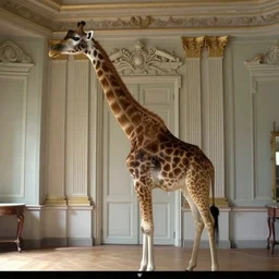 a girafe in a neoclassical room, by mini dv camera very low quality, caught on trail cam