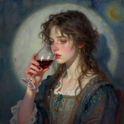 portrait of a beautiful girl, drinking wine, messy hair, sad, dreaming, dark pastel colors, beautiful face, rule of thirds, intricate outfit, spotlight, by greg rutkowski, by jeremy mann, by francoise nielly, by van gogh, digital painting
