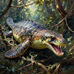 plesiosaur, ancient marine reptile, fanged serpent face, vicious, snapping teeth, tangled in jungle bramble, ensnared in vines, oil painting, dappled light, global illumination