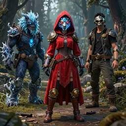 red ridding hood and gamemaster unit hunting for mystical forest monster and wearing a steampunk and neonpunk mechanical fluorescent mystical animal mask. realism in style of fornite game. full body, product introduction photos. bio luminescent, plasma, ice, water, wind, by tooth wu and wlop and beeple and greg rutkowski, epic cinematic shot, perfectly defined features, ambient occlusion