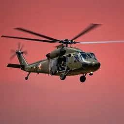 photo still of a vietnam war helicopter flying in a red sky, 8 k, studio lighting bright ambient lighting key light, 8 5 mm f 1. 8