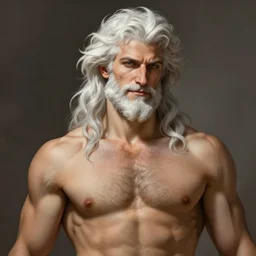 half body portrait of rugged zeus, greek god, 4 0 years old, handsome, white hair, soft hair, cocky smirk, upper body, muscular, hairy torso, fantasy, intricate, elegant, highly detailed, digital painting, artstation, concept art, smooth, sharp focus, illustration, art by artgerm and greg rutkowski and alphonse mucha