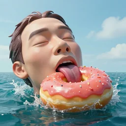 a massive sculpture of a crushed human face licking a giant donut in a jelly pool in the ocean, in the style of johnson tsang, funny sculpture, lucid dream series, cinematic, hyper - realistic, very detailed, realistic water splashes, ray tracing, 8 k resolution, long - shot, sharp focus, low angle, 8 5 mm photograph, wide lens