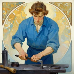 attractive man, blacksmith, cool colors, painting by gaston bussiere, craig mullins, greg rutkowski, alphonse mucha