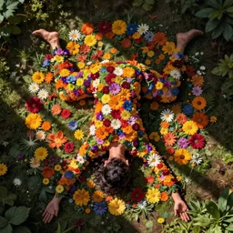 a body doing yoga poses, top view, covered with flowers, art by Sachin Teng, beautiful lush colors