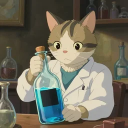 a cat dressed as a scientist filling a modern bottle with iridescent blue liquid, black squared sticker on the bottle, art by studio ghibli and j. c. leyendecker and greg rutkowski and artgerm and aenaluck, portrait, d & d, fantasy, highly detailed, digital painting, headshot, trending on artstation, concept art, sharp focus