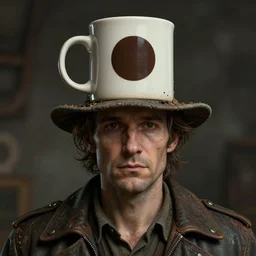 an intricate concept illustration of a man with coffee mug hat, surreal,  fantasy, highly detailed, cinematic lighting,  Artstation, 8k, portrait, concept art, hyper realistic, cgsociety