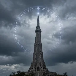 stormy cloudy sky with a circle of runes floating around a magic tower
