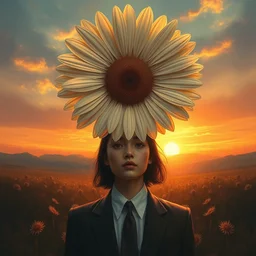giant daisy flower under head, frontal, girl in a suit, surreal photography, sunrise, dramatic light, impressionist painting, digital painting, artstation, simon stalenhag