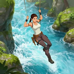 extremely angry looking Lara Croft jumping from a rope swinging over a roaring ancient river, bright blue water, mossy rock, created by Lilia Alvarado