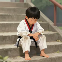 illustration of sad lone asian kid wearing dirty taekwondo uniform sitting on stairs outside gym, cradle pose, artstation
