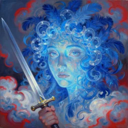 a painting of abstractionism face made of curling blue light who made of curly and transparent feathers and cloud with red edges is holding a sword, a digital painting by charlie bowater, made of many translucent layers of blue feathers and cloud, metaphysical painting, dehumanism, digital painting, holographic undertones, highly saturated colors, 4 k, glossy eyes, concept art, trending on artstation