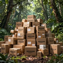 a huge pile of amazon packages in the middle of the amazon rainforest