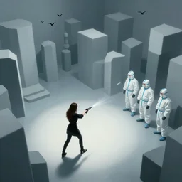 woman wearing all black has shootout with staff, staff wearing hazmat suits, underground lab, MC Escher style architecture, sterile, unknown location, birds eye view, epic, light and shadows, concept art