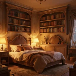 fantasy bedroom, bookshelves, cozy, warm glow, digital art, trending on artstation, ornate