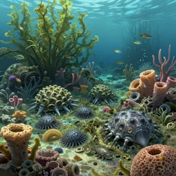 cambrian underwater, algae, sea sponges, many living trilobites, anomalocaris, marrella, ancient fish, artstation, concept illustration, 8 k, artstation, makoto shinkai, gediminas pranckevicius, soft, cinematic, octane render, realistic, very detailed