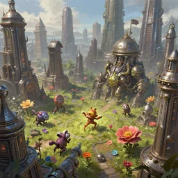 small omnivorous quadrupedal flower in a large metal city boss battle fantasy artwork epic detailed and intricate digital painting trending on artstation by wlop octane render
