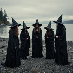 witches with a dark grown assemble at the beach of vancouver island, photography
