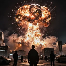 scifi action movie still of someone witnessing destruction of the city, nuclear bomb blast, strong contrast, ultrawide shot, 4 k digital camera, sharp focus