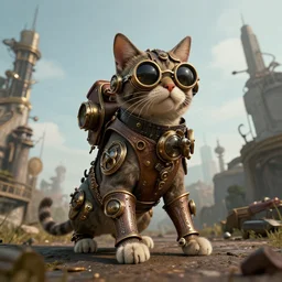 wide angle view, steampunk cat, photorealistic, 8 k