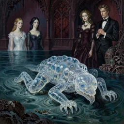 realistic detailed image of Transparent See through Gelatinous Organism Crawling out of the sea by Lisa Frank, Ayami Kojima, Amano, Karol Bak, Greg Hildebrandt, and Mark Brooks, Neo-Gothic, gothic, rich deep colors. Beksinski painting, part by Adrian Ghenie and Gerhard Richter. art by Takato Yamamoto. masterpiece