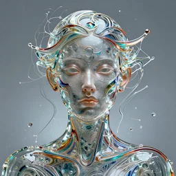 portrait of a woman made of glass. intricate abstract. intricate artwork. by tooth wu, wlop, beeple, dan mumford. trending on artstation, greg rutkowski very coherent symmetrical artwork. cinematic, hyper realism, high detail, octane render, 8 k, iridescent accents