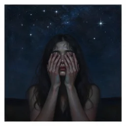 painting with the title i felt restlessness lurking behind the stars. i felt restlessness engorging matter and my heart. intense emotional feeling, surrealistic, poetic, night colors, dramatic, dark