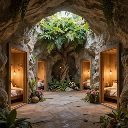 secret overwatch common area carved inside a cave, doors to various bedrooms, sheltered, magical, natural light, lush central tree, flowers, candle light, cinematic lighting, clean lines, cozy, fantasy, fantasy architecture, sharp focus, concept art, octane render 4 k, artstation