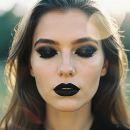 a vintage analog close up frontal face portrait photography of a beautiful woman wearing black makeup by maxim nikolaev. long hair. vogue. closed eyes. kodak portra 8 0 0 film. shallow depth of field. ( depth of field ). whirl bokeh!!. golden hour. detailed. hq. realistic. warm light. muted colors. filmic. dreamy. lens flare. mamiya 7 ii, f / 1. 2, symmetrical balance, in - frame