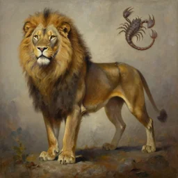 oil painting of a mythical manticore, a legendary animal with the head of a man, the body of a lion, and the tail of a dragon or scorpion. in the style of michael whelan, darryl k. sweet, trending on artstation