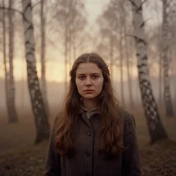 portrait of young woman, solemn expression, faded color film, russian cinema, tarkovsky, kodachrome, heavy birch forest, long brown hair, old clothing, heavy fog, atmospheric haze, brown color palette, sunset, low light, dramatic lighting