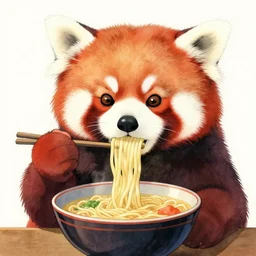 red panda eating ramen noodles, water colour, by miyazaki, int he style of spirited away