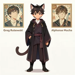 Full body portrait of a cute mage in his twenties with cat ears. Award-winning digital art, trending on ArtStation. Art by Greg Rutkowski and Alphonse Mucha