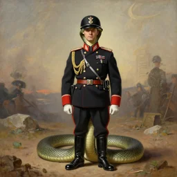 anthropomorphic snake dressed as a antropormophhic snake veteran colonel of the first world war german army, a snake as a human, highly detailed painting by gaston bussiere, craig mullins, j. c. leyendecker