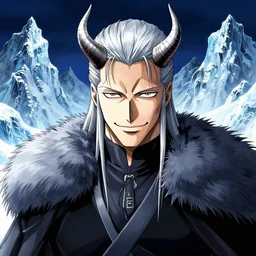 a portrait of Night King of Game of Thrones by Kubo Tite,Bleach manga style,small horns, detailed,ice mountains in the background,artstation,manga,ichigo kurosaki face,smiling face