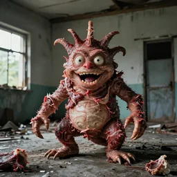 1 9 7 0 s photography, real meat and protrusions creature in abandoned house