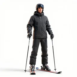 hooded skier in gear, detailed 3d character render, full body, standing, isolated on a pure white background, centered, whole figure in frame, sharp focus, studio lighting