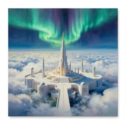 Gigantic cloudscape of a celestial palace with the aurora borealis in the background, modern acrylic masterpiece by Katherine Dinger, Dan Mumford and Albert Bierstadt, trending on Artstation, intricate, rectilinear