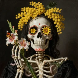 mimosa blossoms in the eye sockets of a skeleton, holding gladioli, butterflies and worms, day of the dead, Dutch masters