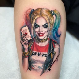 tattoo of margot robbie as harley quinn with a sexy look, holding an ace card, abstract edges, in the style of den yakovlev