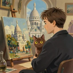 the artists of montmartre paris, ewan mcgregor is watching paintings carrying a brown cat with yellow eyes, digital art, by ghibli studios
