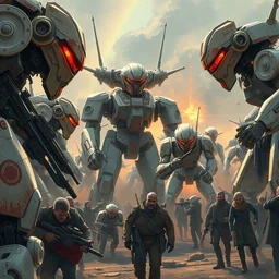 close up view of a war scene : people against beautiful robots, artstation, by bruce brenneise