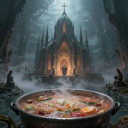 eldritch church of soups soup ceremony in the river of soup, beksinski style, 8 k, hyper detail, octane render, artstation trending, soft light, fog