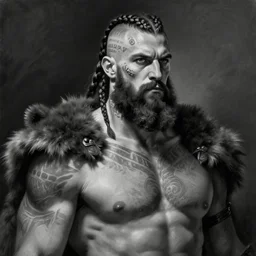 black and white oil painting of a tall muscular man, with a full black beard, barbarian with white and gray skin, short hair on sides of head, braided hair on top of head, tribal tattoos on head and chest and back, short hair on sides of head, shoulder armor as bear fur, upper body portrait, style by donato giancola, wayne reynolds, jeff easley dramatic light, high detail, cinematic lighting, artstation, dungeons and dragons