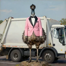 shredded physique feathered tall neck beak Portrait of Samuel Beckett camouflaged as Emu whilst wearing a pink tuxedo Standing atop a Garbage Truck Greg Rutkowski Eric Ravilious Paul Cezanne Andrew Wyeth Jamie Wyeth